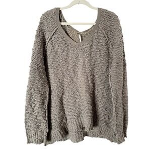 Free People Songbird Army Green Cotton V-Neck Popcorn Sweater